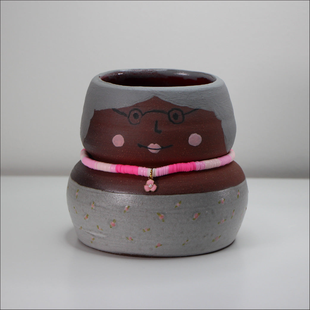 Grandma Vintage Ceramic Planter | Handmade Pottery with Necklace