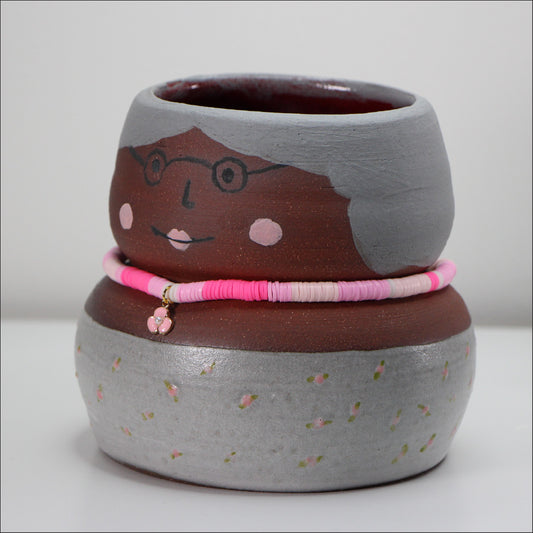Grandma Vintage Ceramic Planter | Handmade Pottery with Necklace