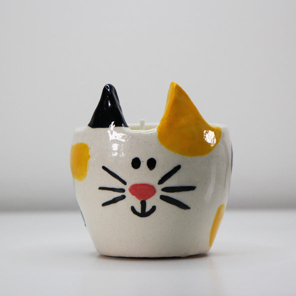 yellow cat candle holder, ceramic cat candle holder, cat tea light holder, yellow candle holder, cat decor, animal candle holder, cat lover candle, decorative candle holder, cat themed gift, unique candle holder
